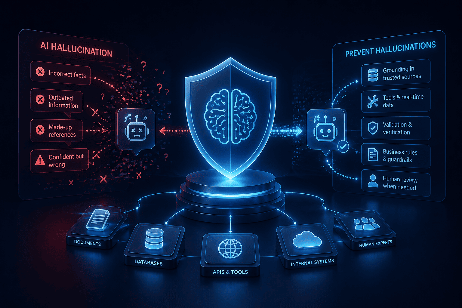 A shield protecting an AI system from hallucinations using trusted sources, validation, tools, guardrails, and human review.