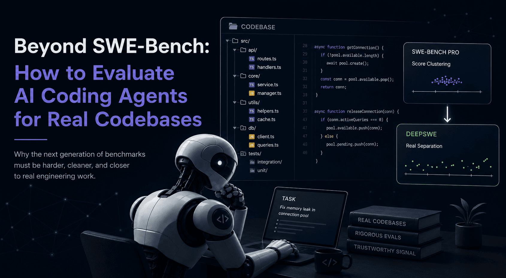 An AI coding agent editing a codebase, with benchmark scores showing the gap between SWE-Bench Pro and DeepSWE
