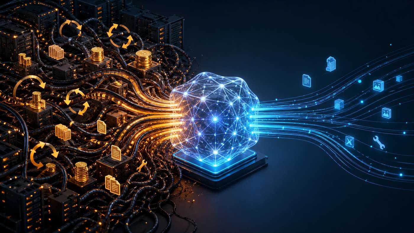 Concept graphic for server cables and glowing data nodes which represents the 'cost surface' of AI workflows, where raw infrastructure must be transformed into the streamlined, governed digital outputs.