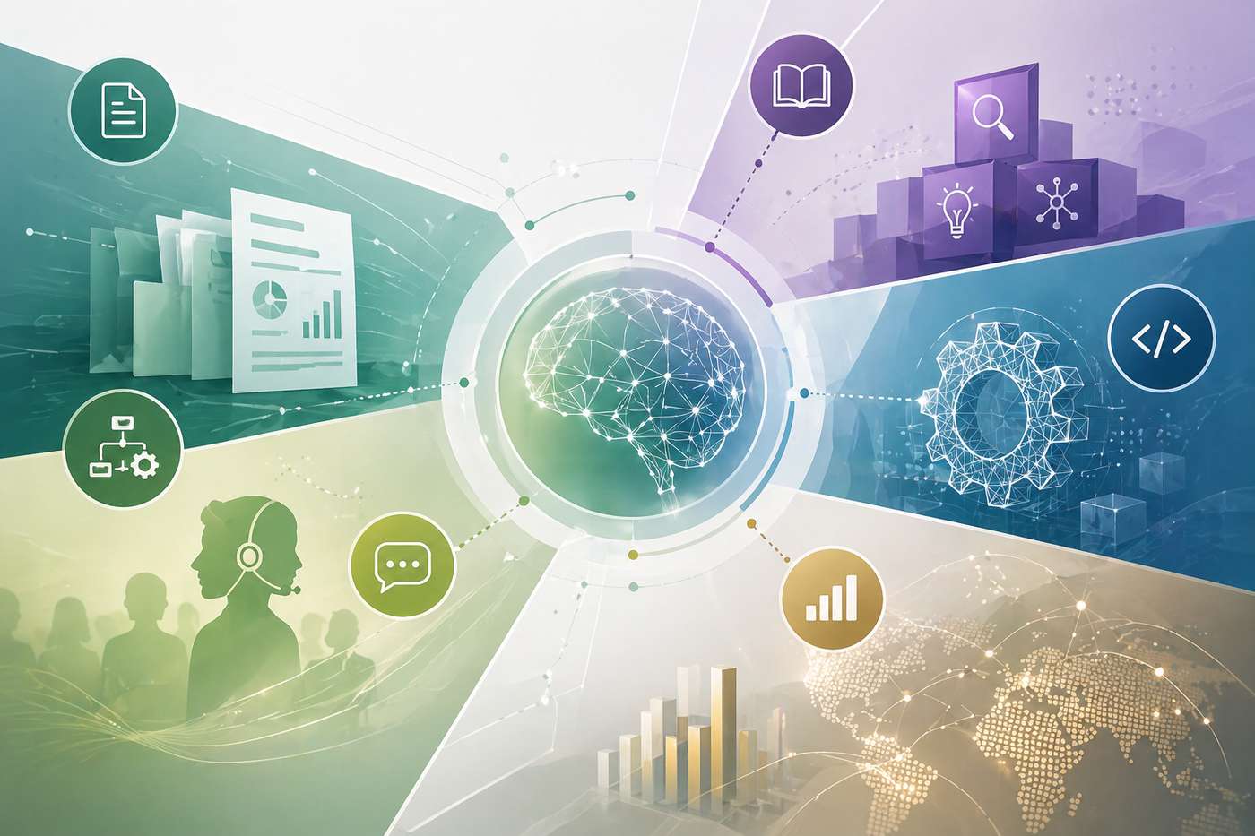 Illustration of enterprise AI use cases with neural network graphics, document automation, customer support, engineering assistance, and analytics representing where AI creates business value today.