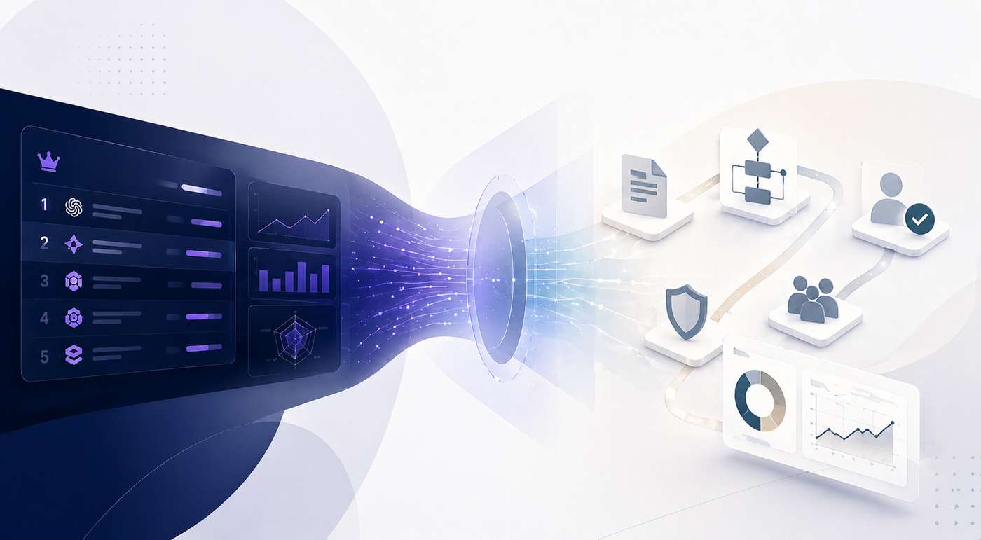 Conceptual graphic for AI evaluation showing the gap between benchmark performance and production business outcomes through abstract dashboards, workflow symbols, and governance visuals.