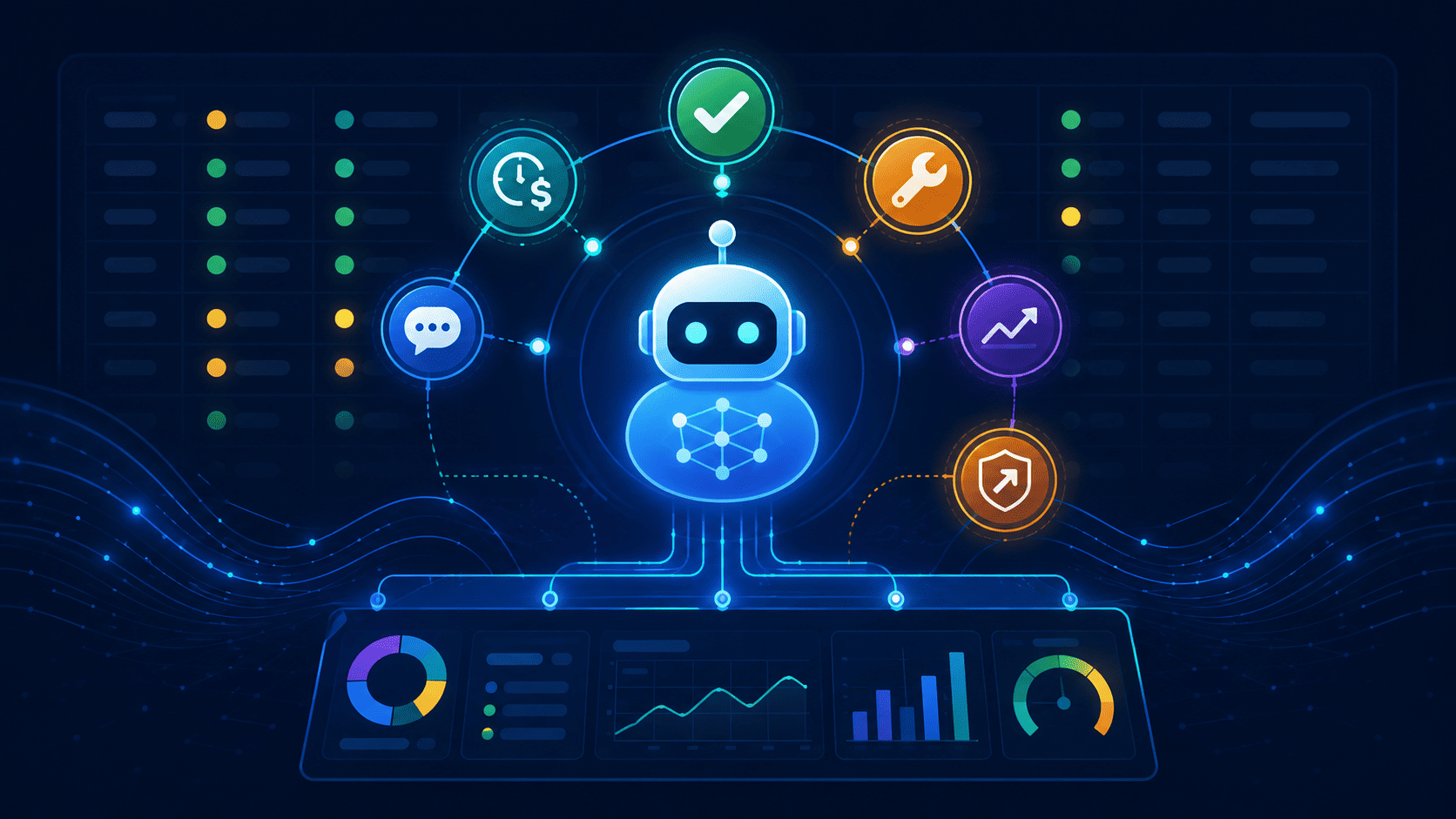 A production monitoring dashboard showing six agent signals: task success, execution health, latency and cost, user and operator feedback, drift, and escalation effectiveness.