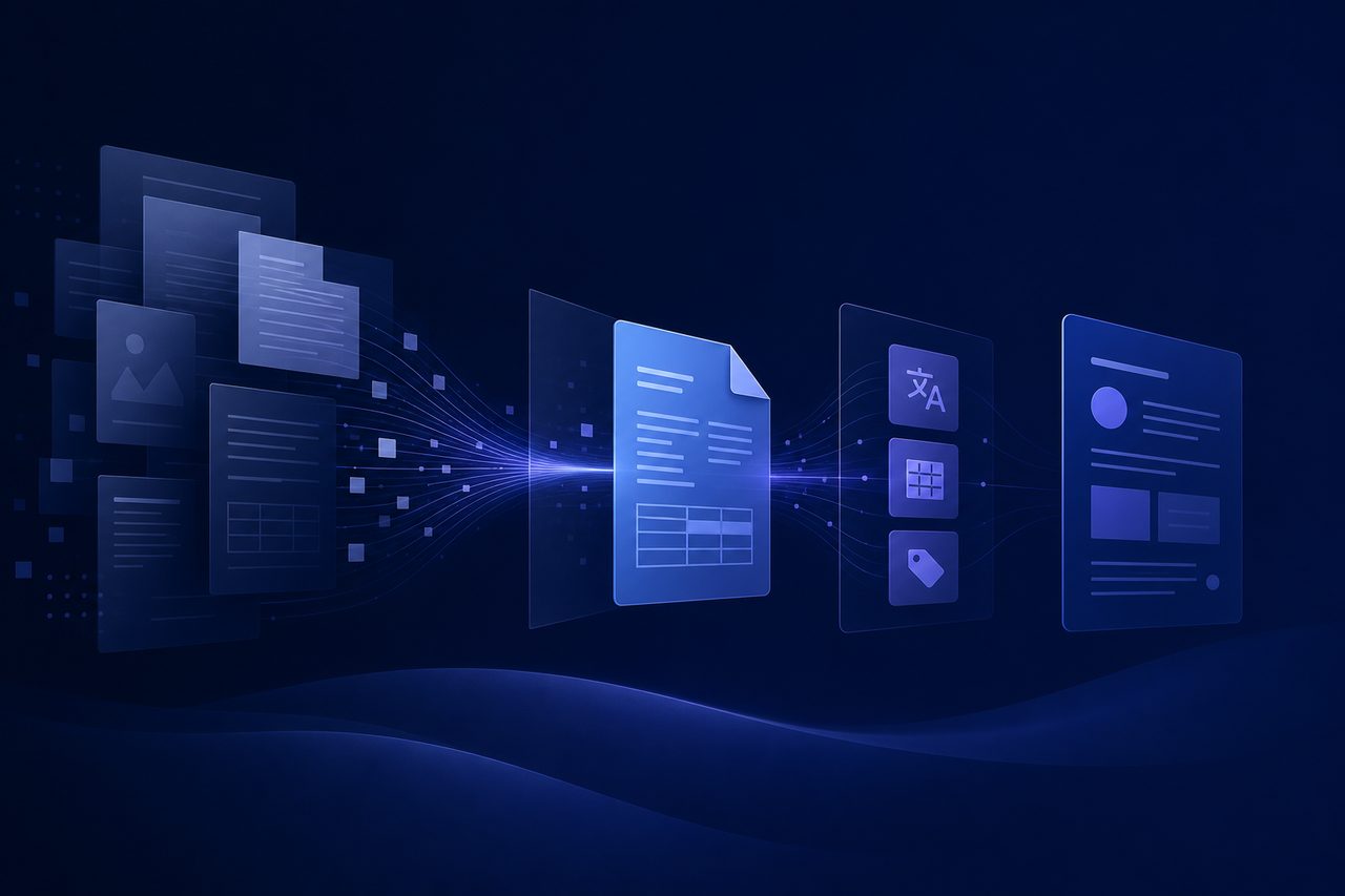 Abstract illustration of layered translucent documents with glowing highlights, suggesting structured extraction.