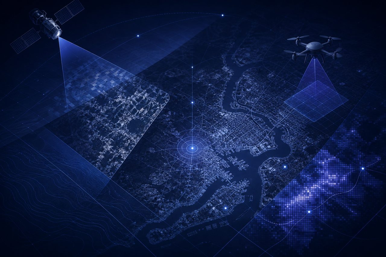 Abstract overhead illustration of glowing geometric patterns across a dark surface, suggesting mapped terrain.
