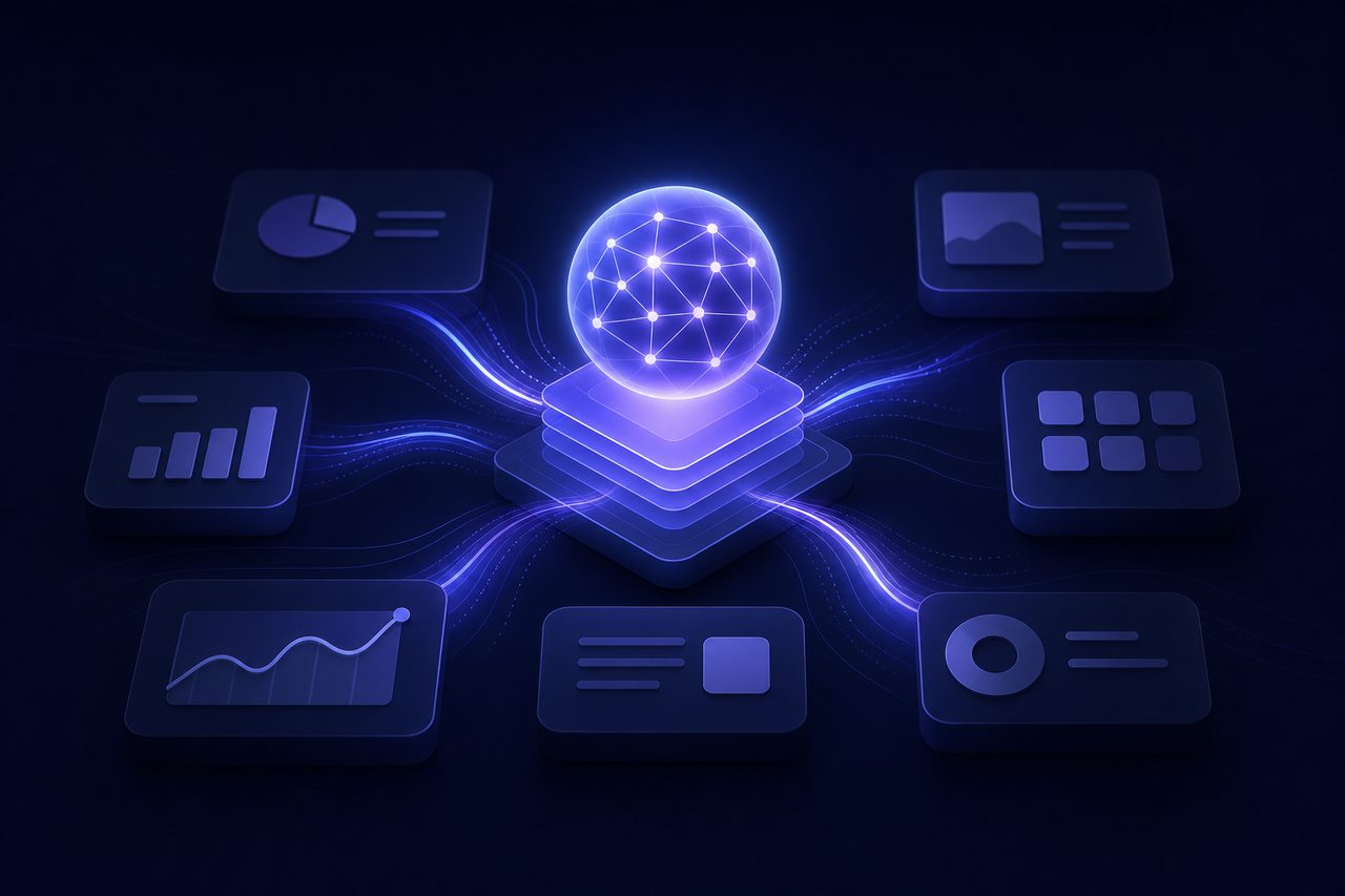 Abstract editorial illustration of software interface layers enhanced with intelligent capability.