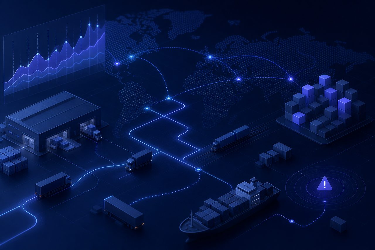 Abstract illustration of flowing light pathways connecting distant points across a dark surface, suggesting a logistics network.